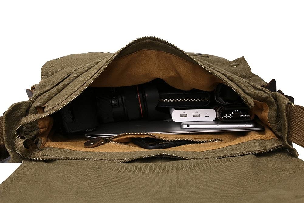 Canvas Leather Messenger Bag – Men’s Military Travel Laptop Camera Crossbody 13″