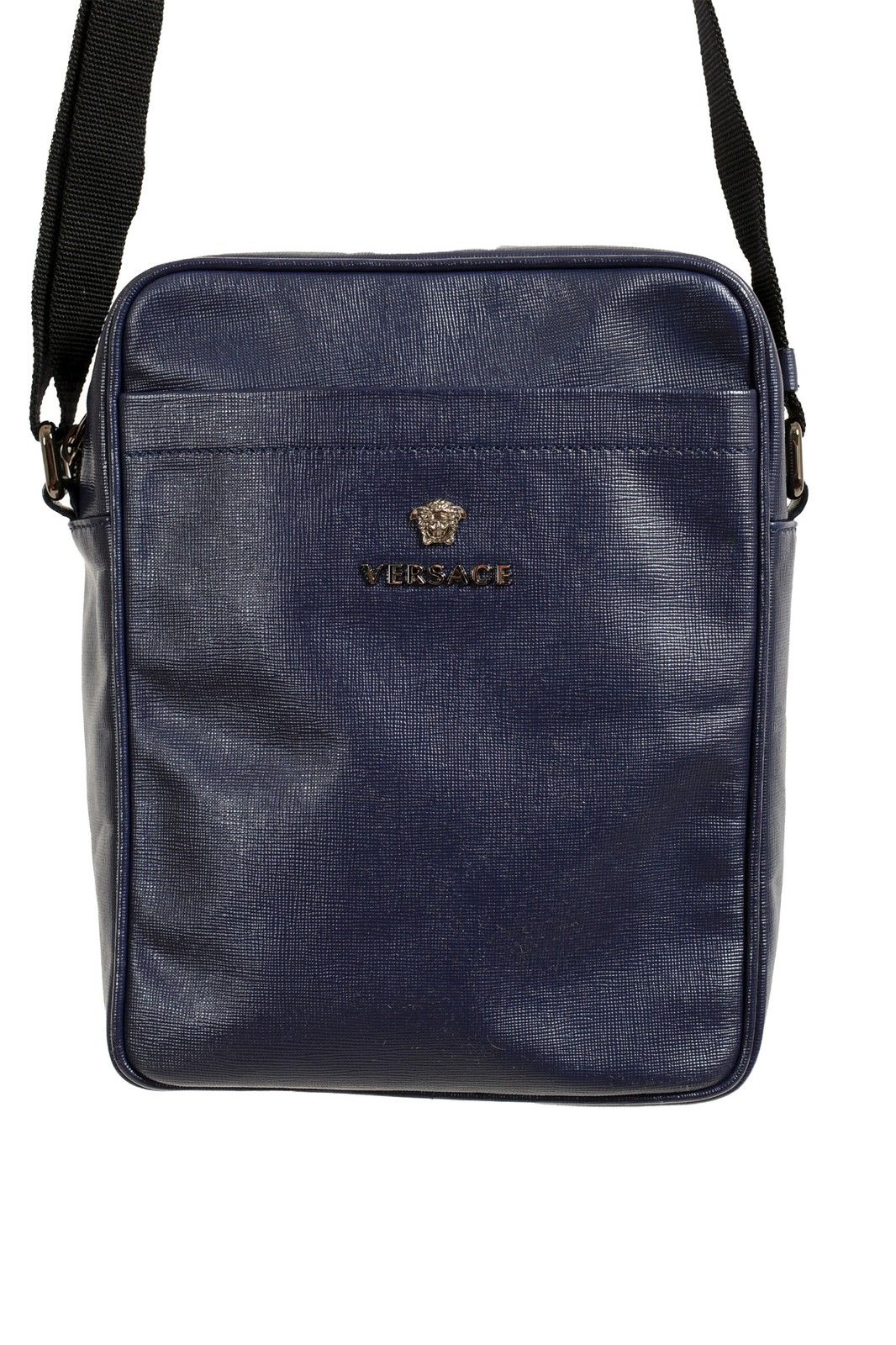 Versace Unisex Navy Blue Textured Leather Medusa Logo Crossbody Shoulder Bag