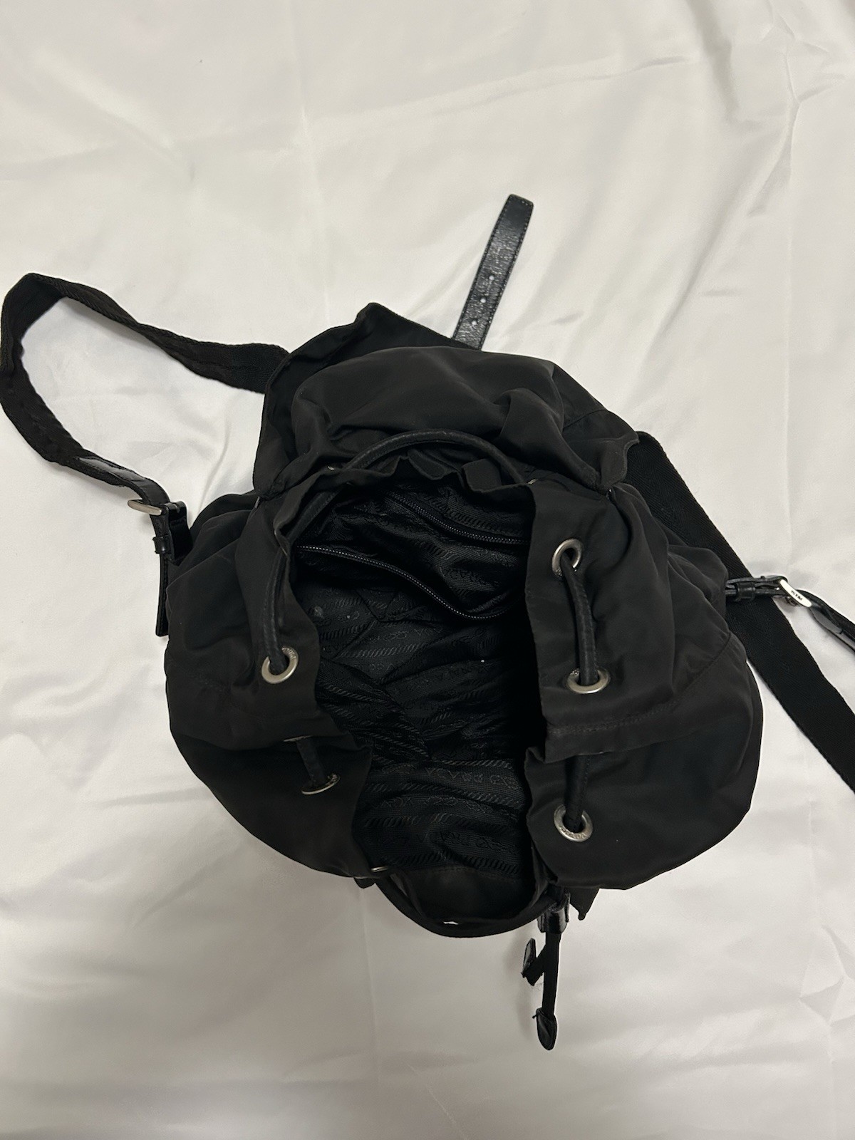 PRADA Milano Black Drawstring Backpack w/ Buckle, Adjustable Strap, Italy