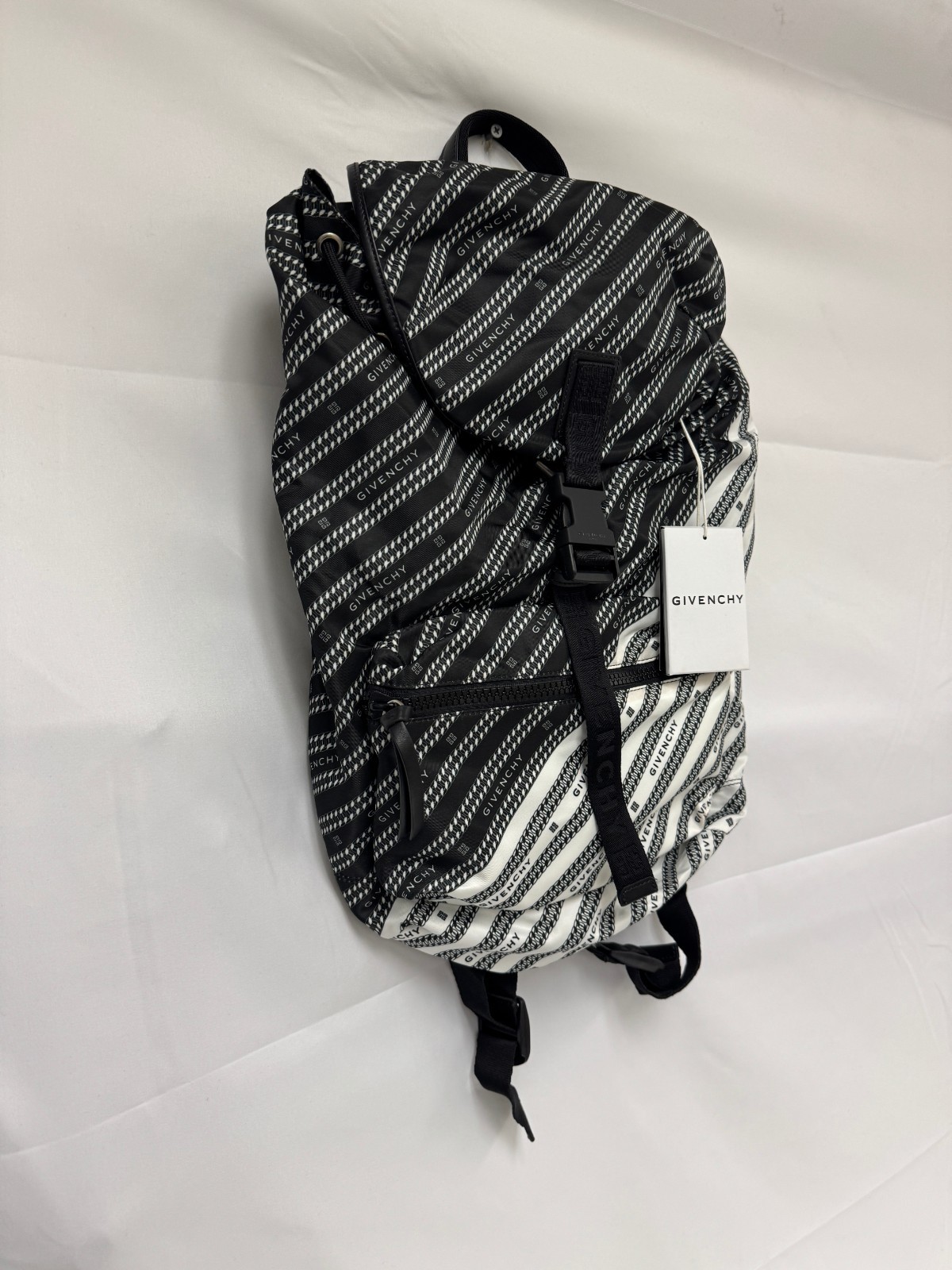 Givenchy Light 3 Chain Logo Print Two-tone Stripe Backpack Black White NWT