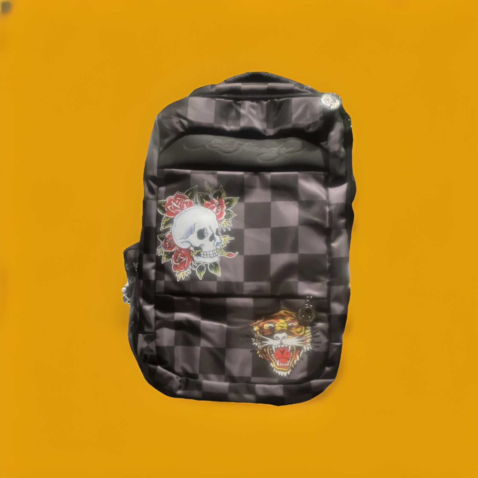 Ed Hardy Gray/Black Checkered Skull & Tiger Graphic Zip Backpack Padded Pockets