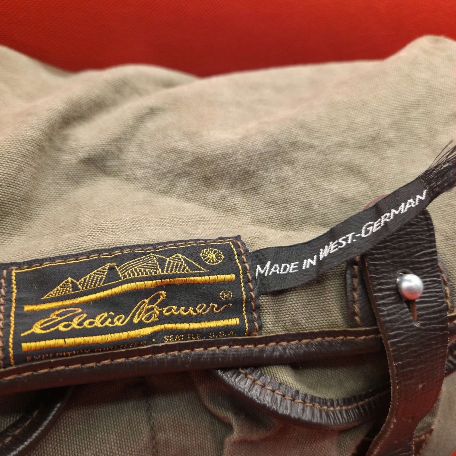 Vintage Eddie Bauer Canvas Messenger Bag Made in West Germany Leather Trim Khaki