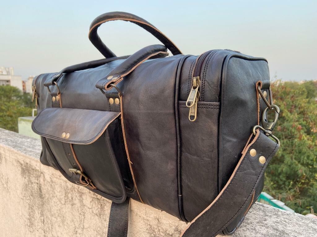 Large BLACK Duffle Men Genuine Leather Travel Luggage Gym Weekend Overnight Bag