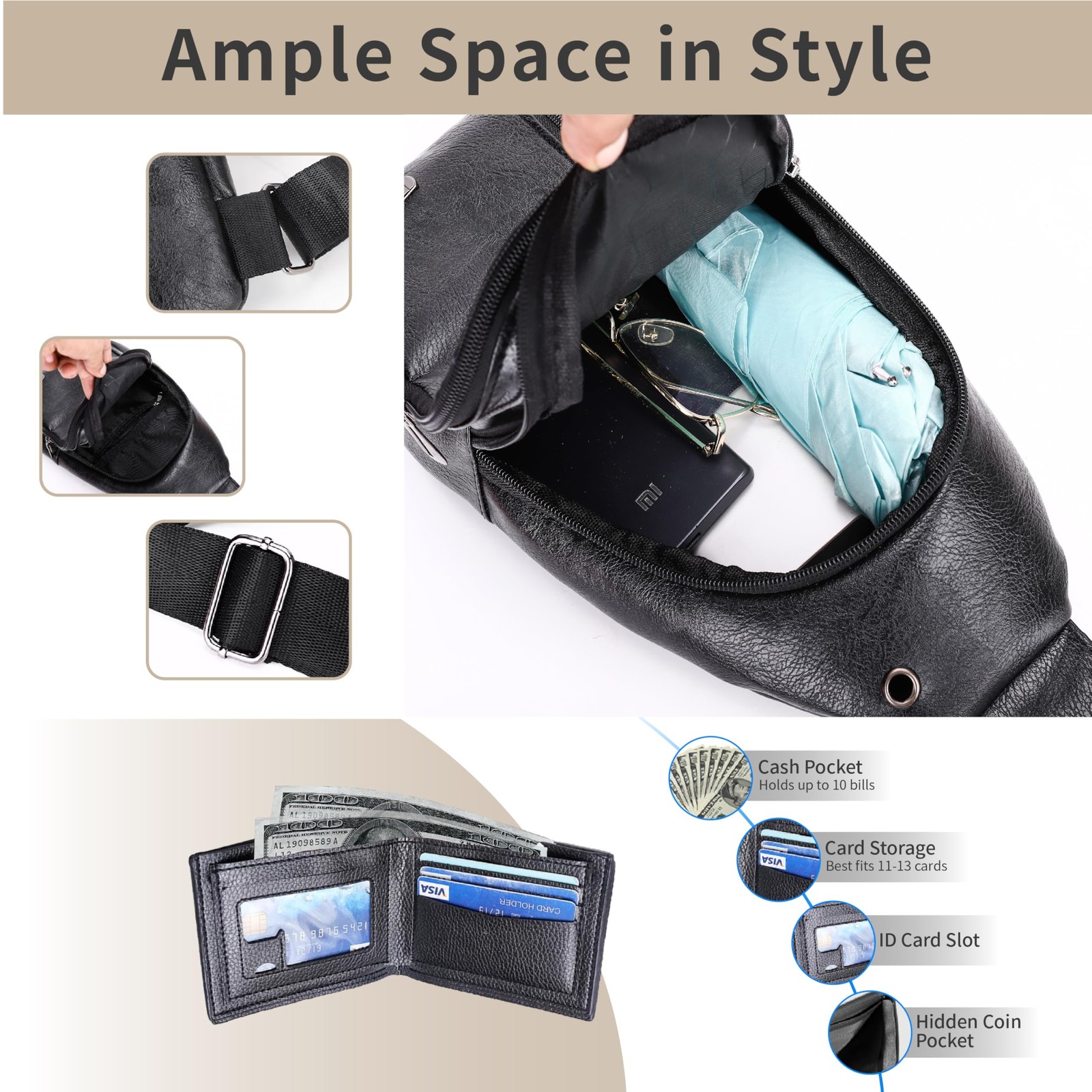 2 Pack Sling Bag Set, PU Leather with Classic Small, 02-black