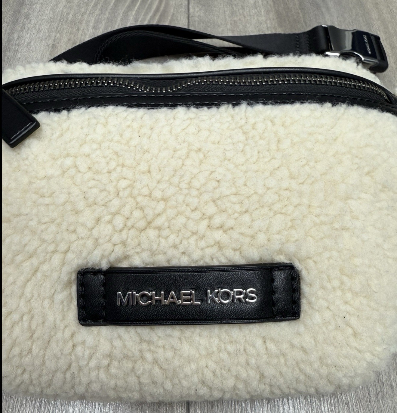 Michael Kors Cooper Faux Shearling Mini Belt Bag Sling Pack Natural