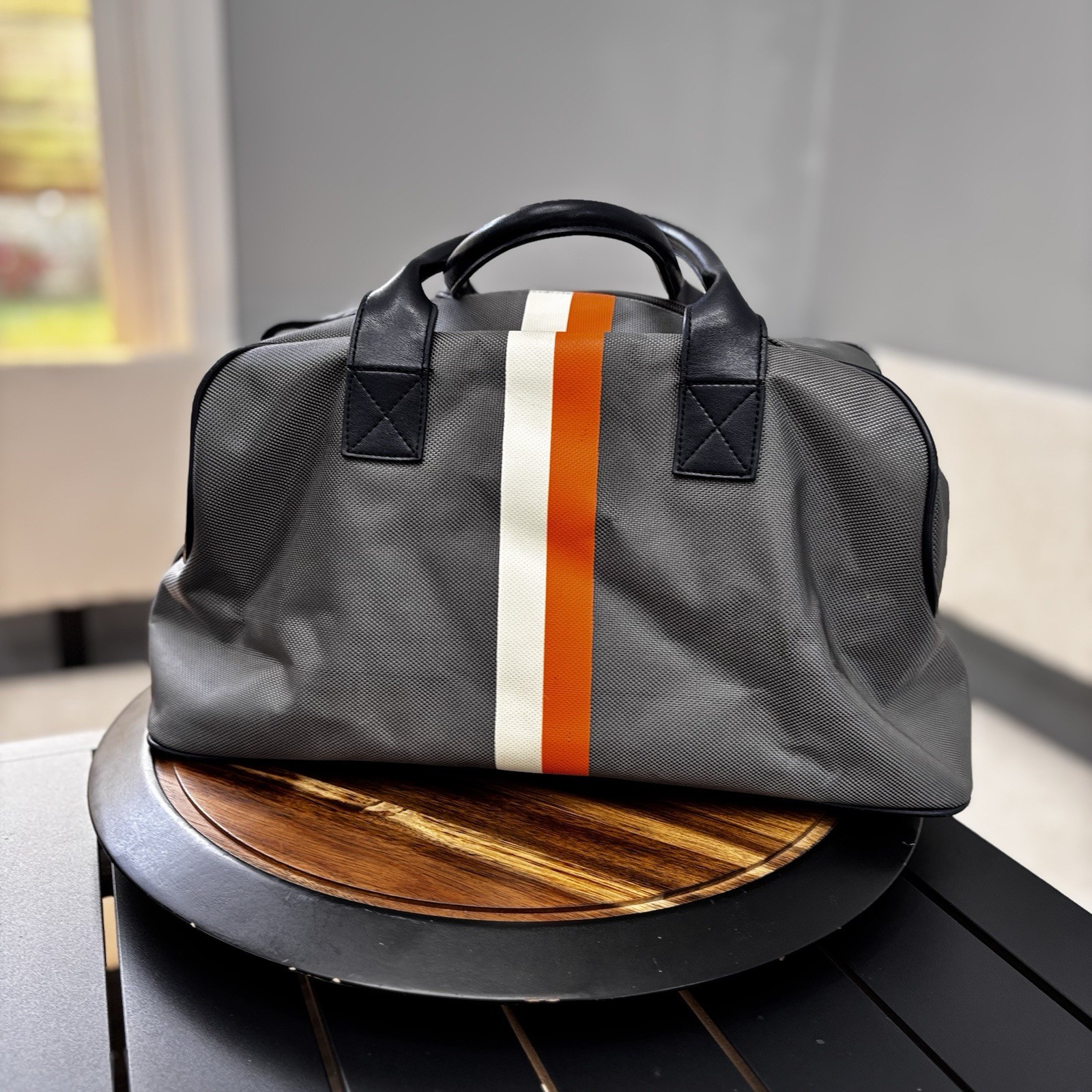 Grey Canvas Weekender Duffle Bag Retro Racing Stripe Travel Overnight Carry On