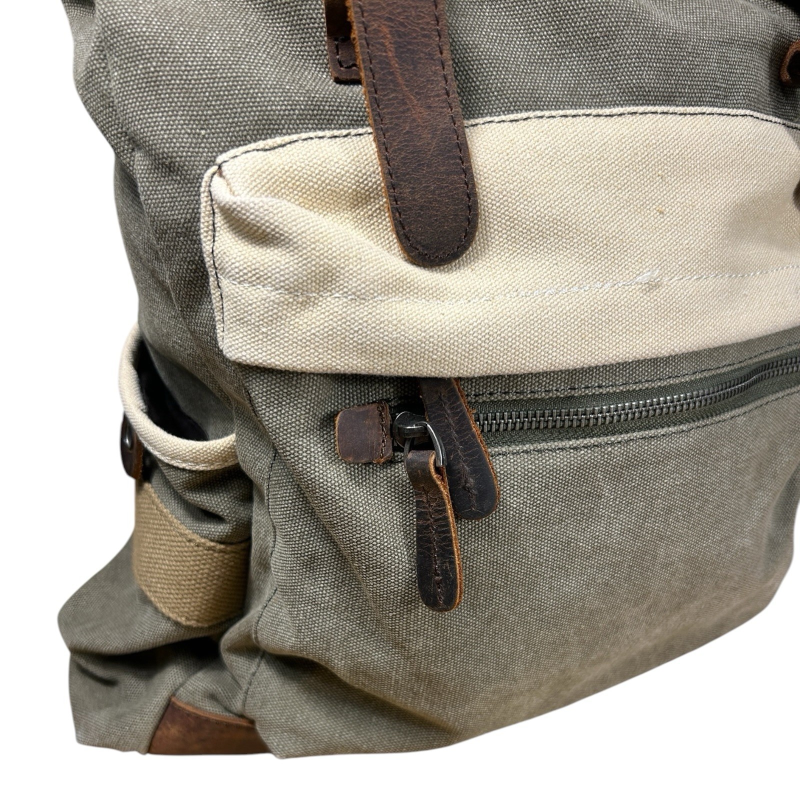 Suvom Canvas Leather Trim Rolltop Backpack Olive Khaki Two-Tone EUC