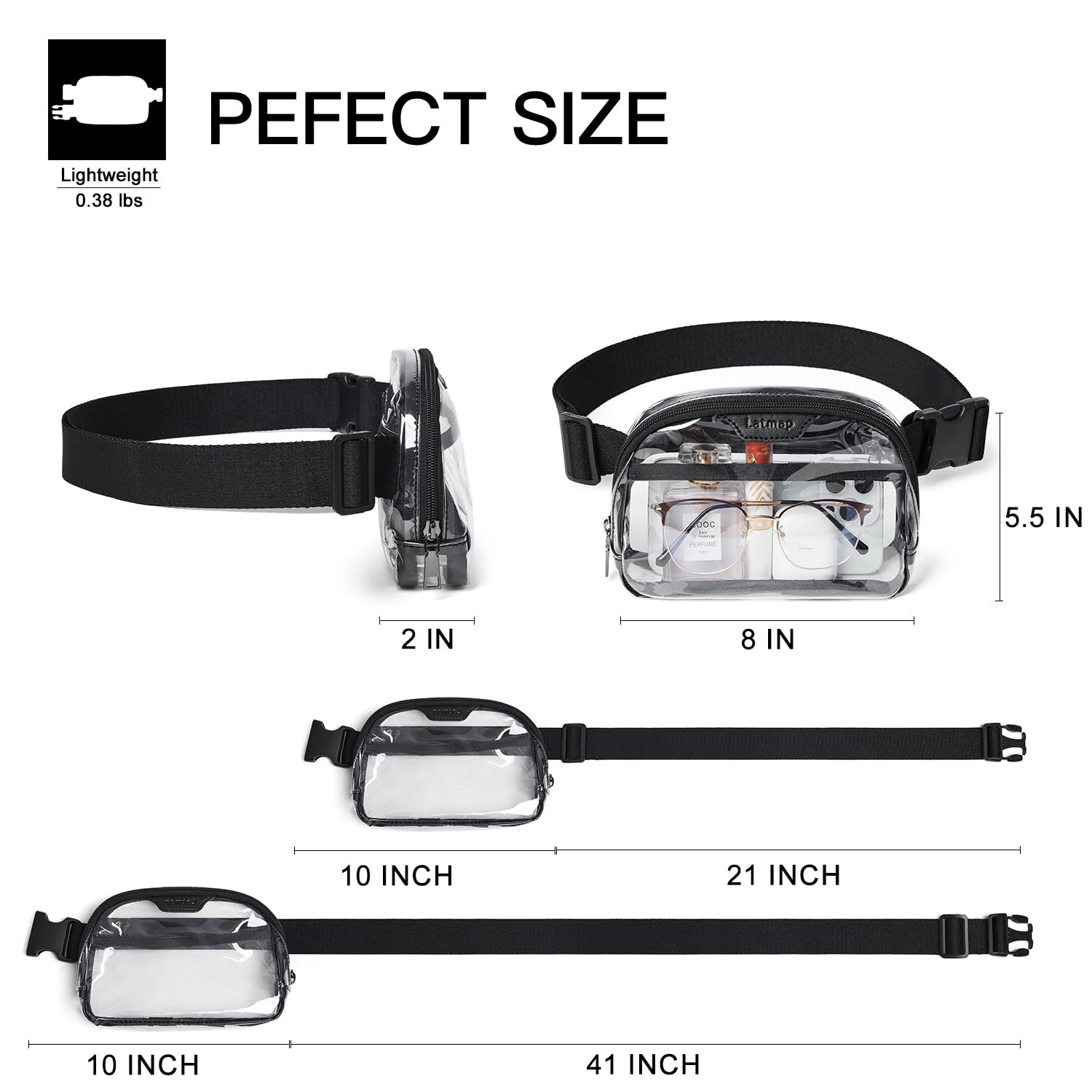 LATMAP 2L Clear Fanny Pack Stadium 8.5 x 2.5 x 6 inches, Small Size-Black
