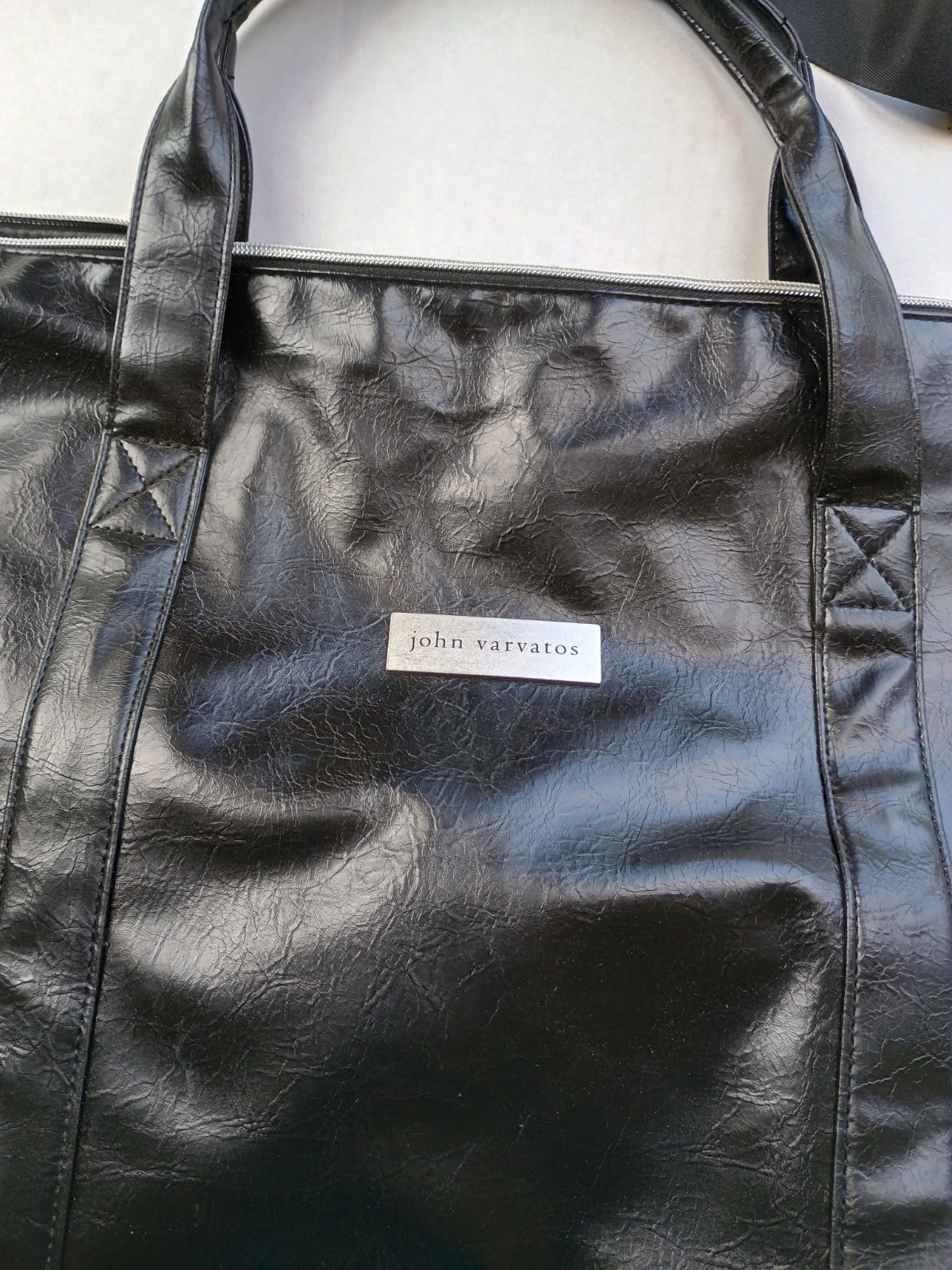 John Varvatos Faux Leather Duffle Large Tote Shoulder Weekend Bag GUC Black