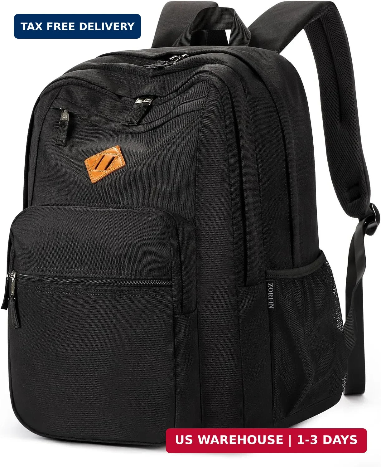 ZORFIN 26L Black Backpack for College, and Travel: Water Resistant Bookbag
