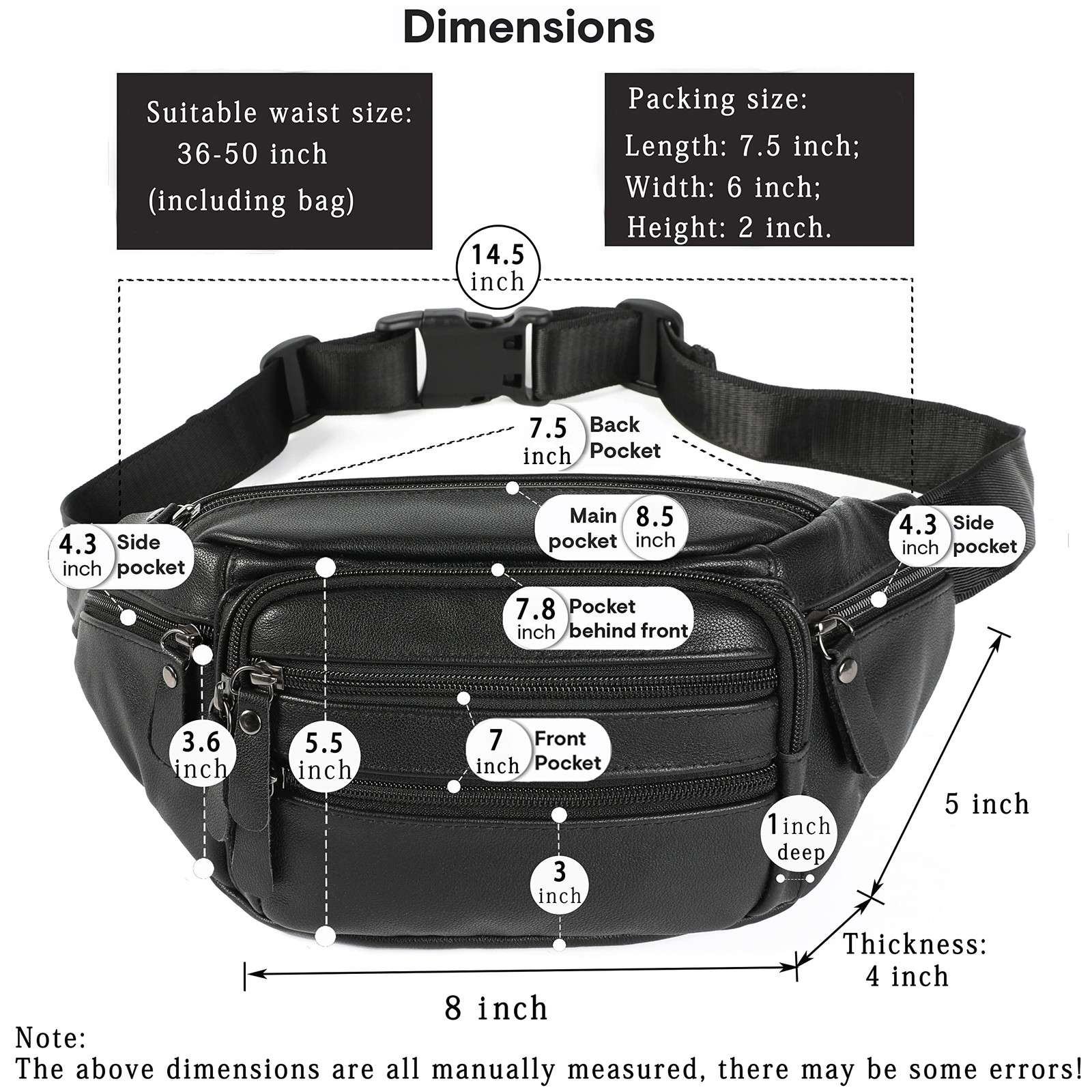 Black Leather Fanny Pack for Men & Women, Free Size, 810#black