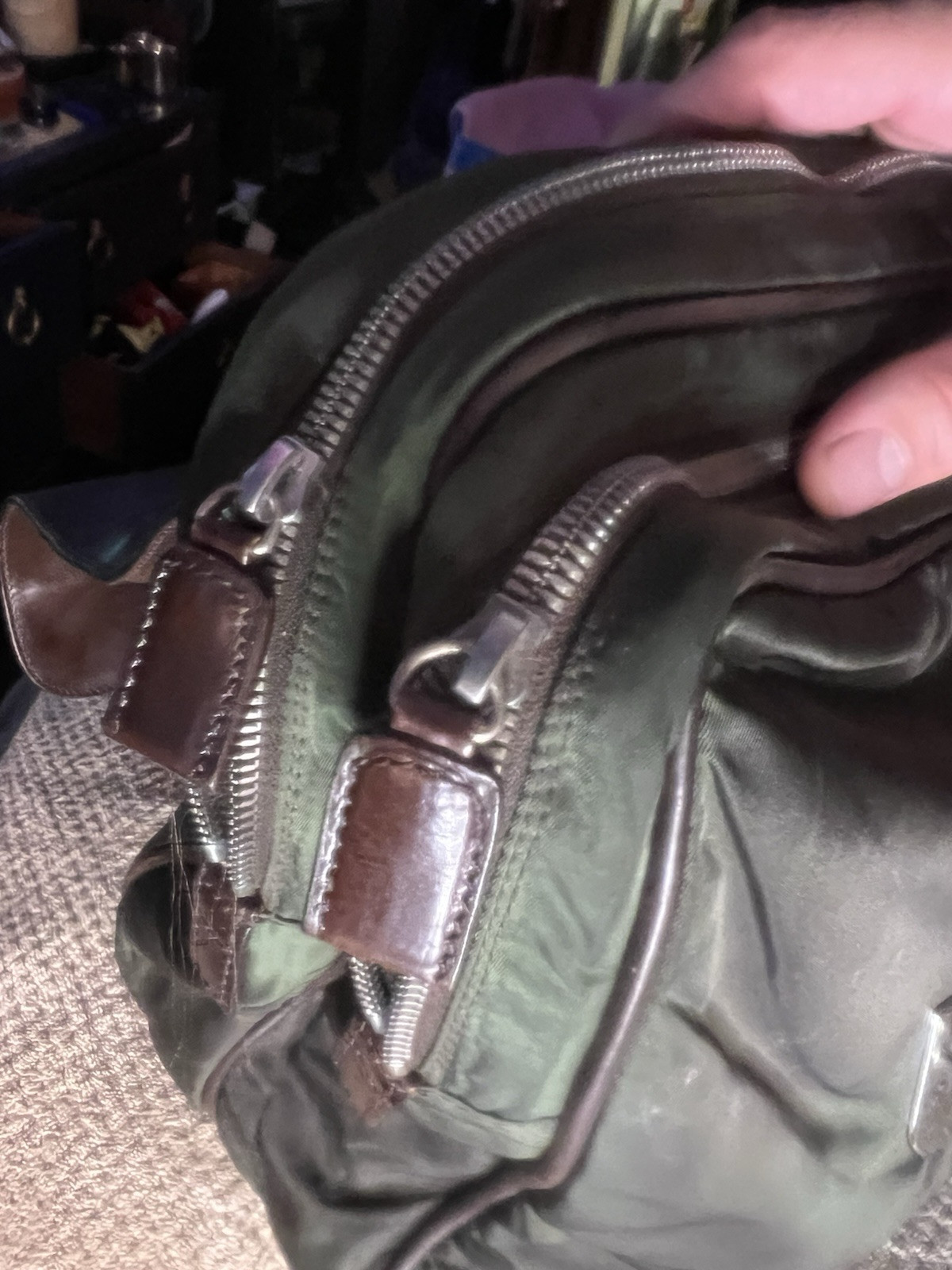 Prada Men’s Messenger Type Bag, Brown Leather w/ Black & Green Vinyl, Push-lock