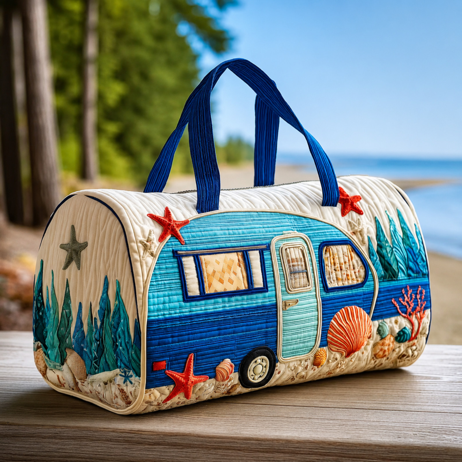 Quilted Coastal Camper Duffel Bag, Custom Beach Van Weekender Travel Bag