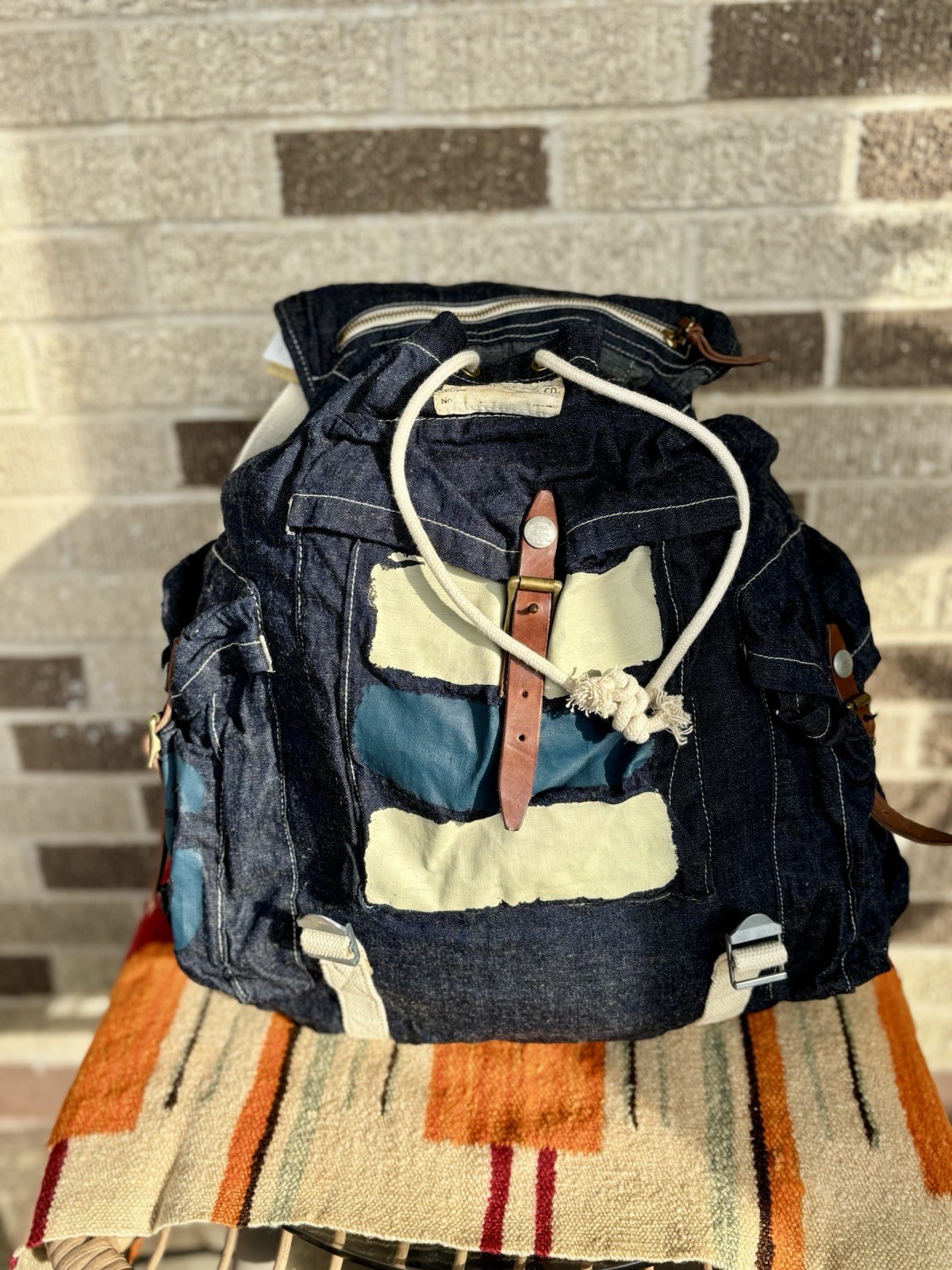 RRL Double RL Denim Patchwork Backpack Men Adjustable Strap Exterior Pockets