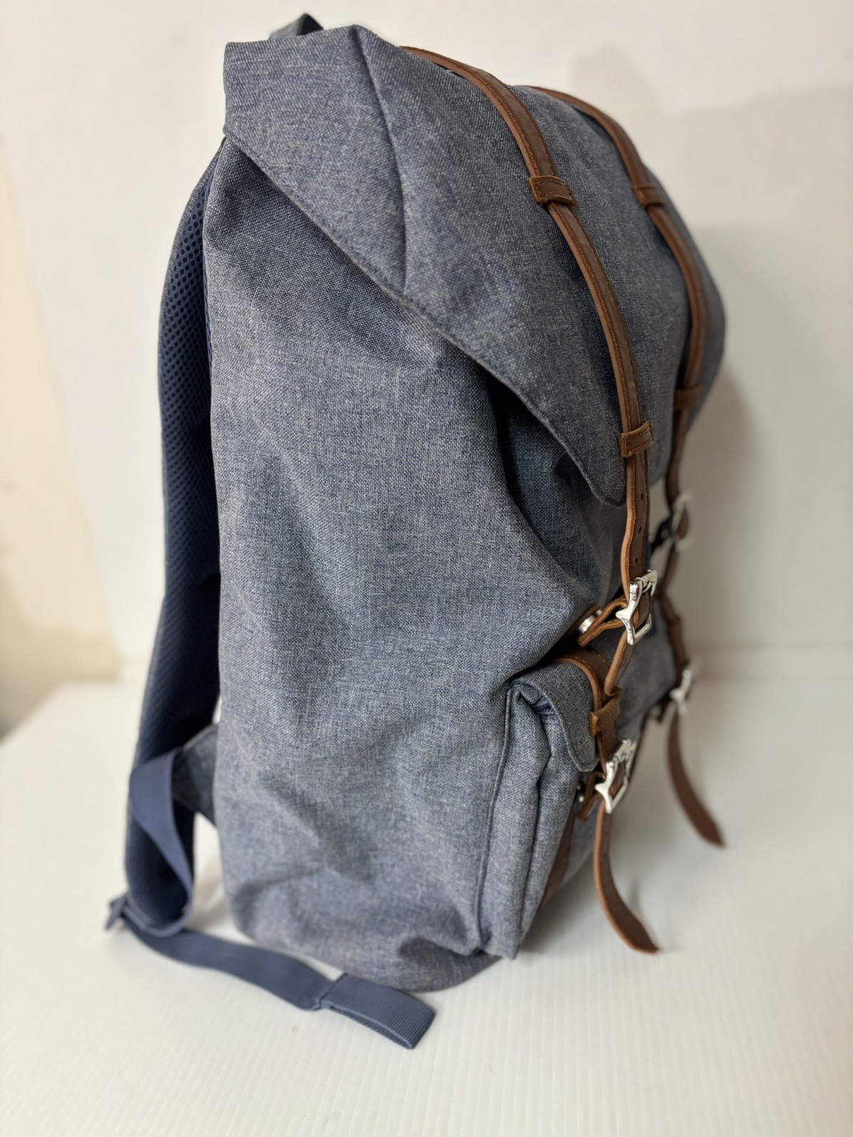 Herschel Supply Company Blue Canvas Backpack with Brown Leather Straps