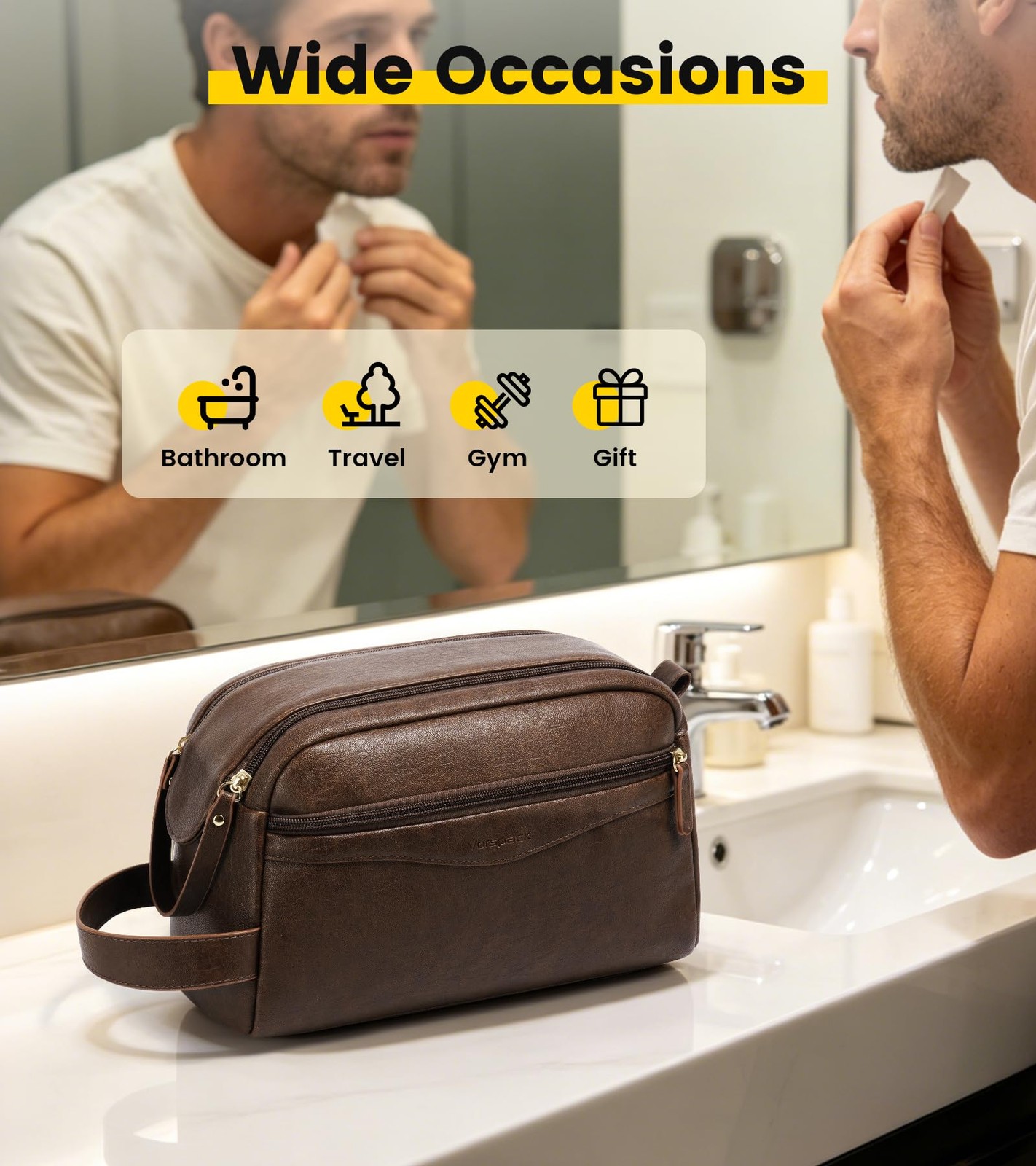 Vorspack PU Leather Toiletry Bag for Men, Water-Resistant Medium, Dark Brown