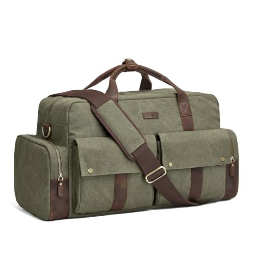 Unisex 56L Duffle Bag Canvas Travel Bag Carry on Leather Trim Army Green