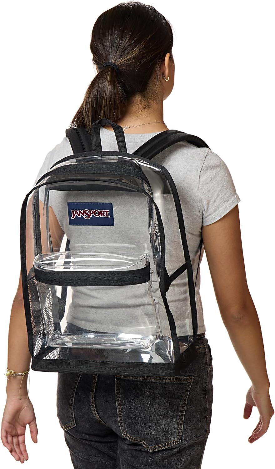 Clear 25.5L Transparent Backpack with Water Bottle Pocket & Zippered Front