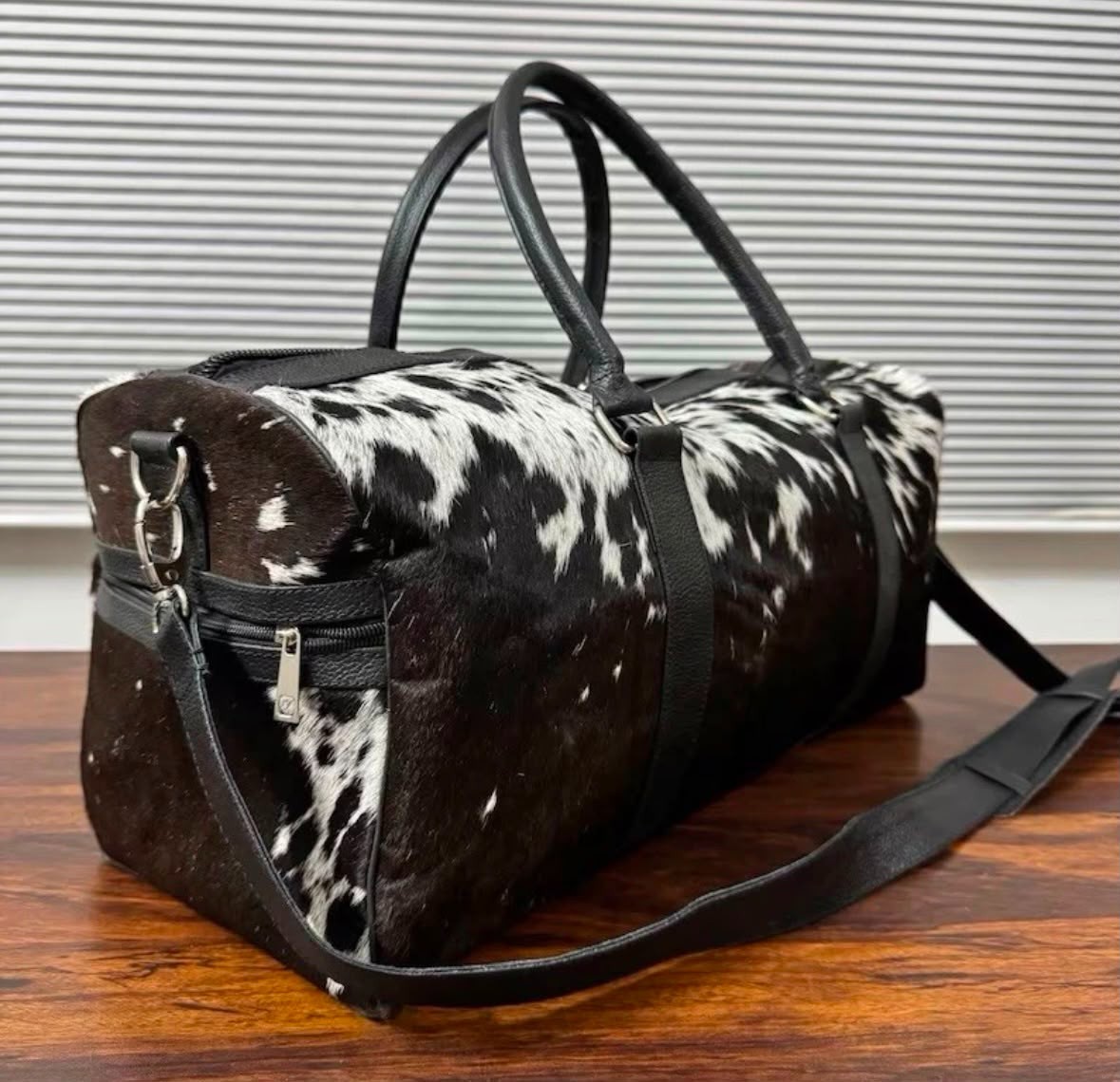 Hair On Cow Hide Duffle Bag, Handmade Leather Weekender Black & White Gym Bag.