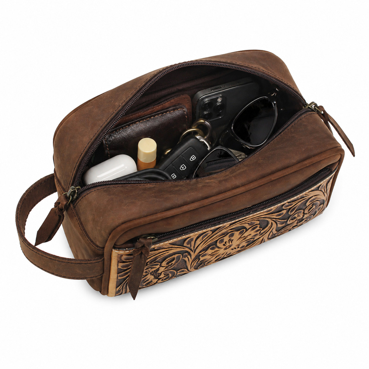 Men’s Distressed Floral Tooled Leather Travel Toiletry Dopp Kit Bag 18RTT01BR