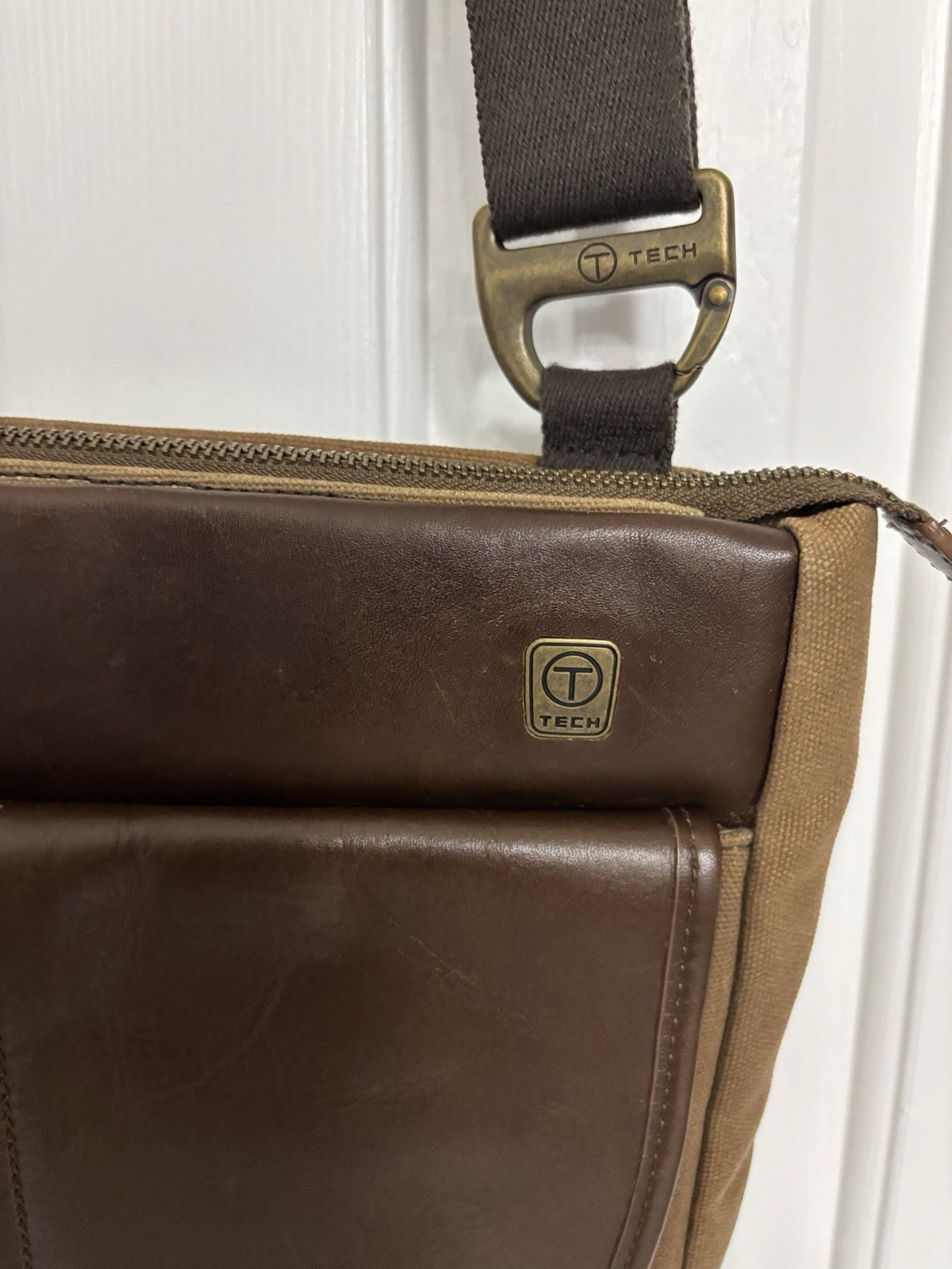 T Tech By Tumi Brown Canvas Leather Adjustable Mens Flap Crossbody Messenger Bag