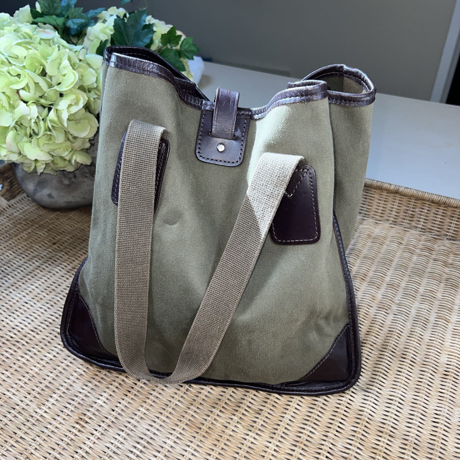 John Chapman Olive Green Leather Trim Tote Bag England Corsair Capital Handmade