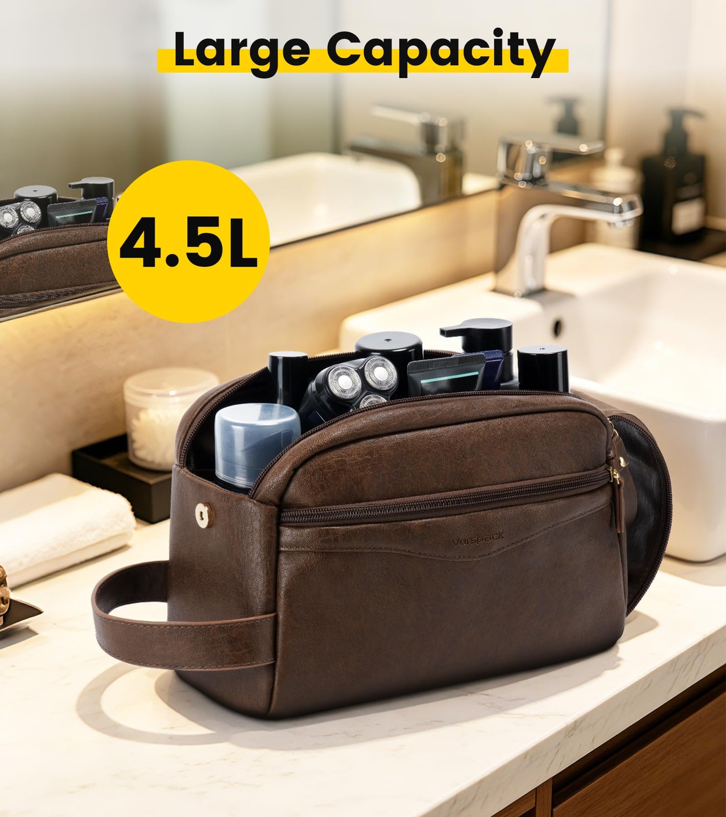 Vorspack PU Leather Toiletry Bag for Men, Water-Resistant Medium, Dark Brown