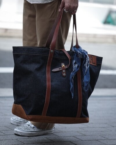 [B+, Size OS] RRL Double RL Stripe Denim Tote — Suede Trim / Canvas Handle / USA