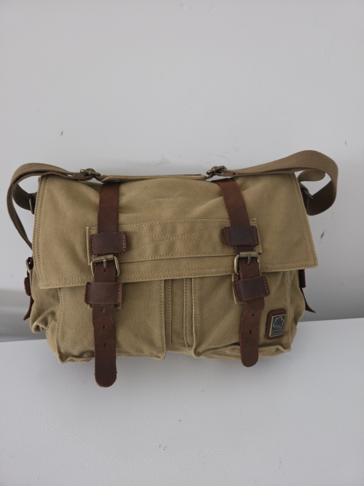 S.C. Cotton Canvas Messenger Laptop Bag Khaki Leather Trim Crossbody Satchel 17″