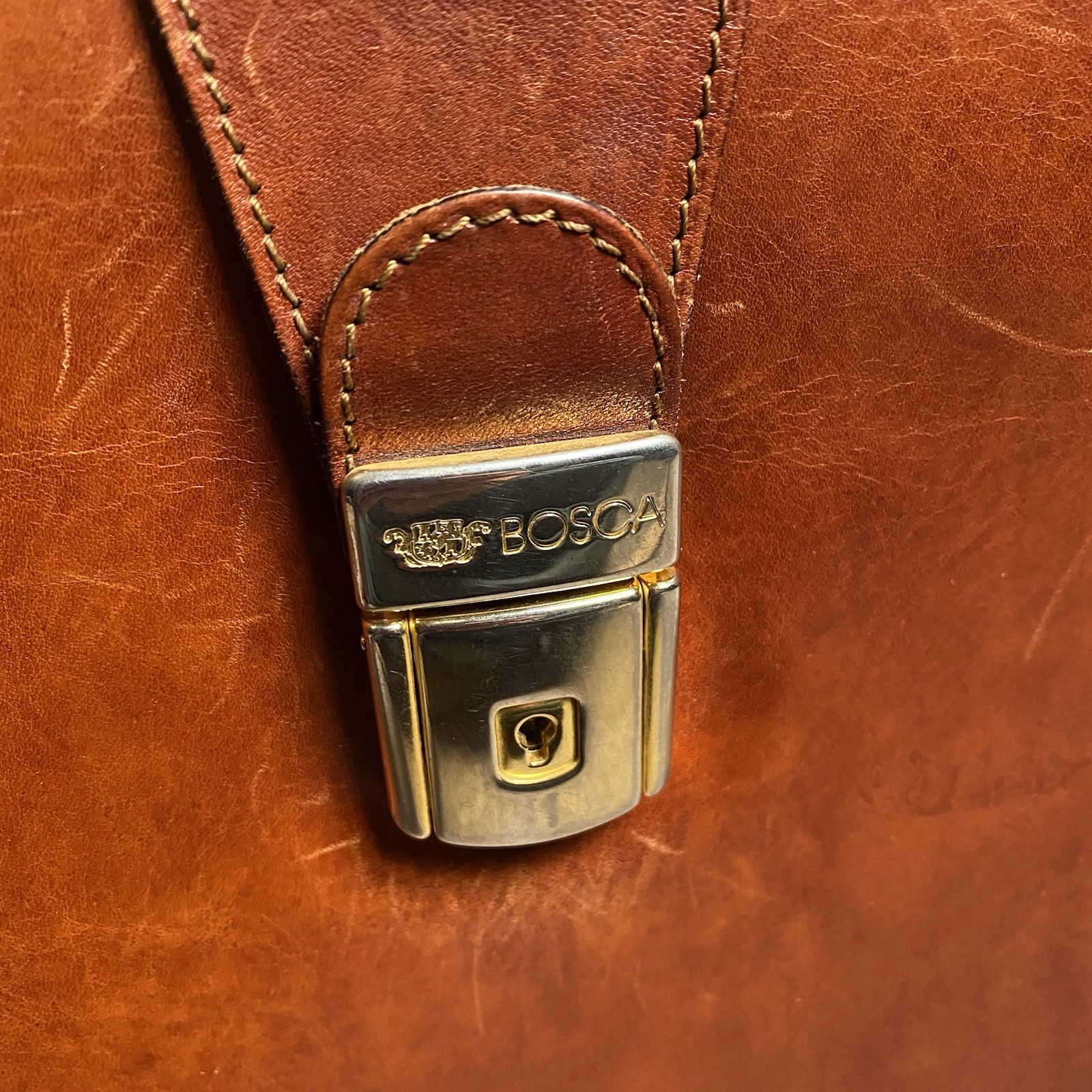 VTG Bosca Old Leather Partners Large Brief Case Bag Lock/Key Cognac Nice Patina