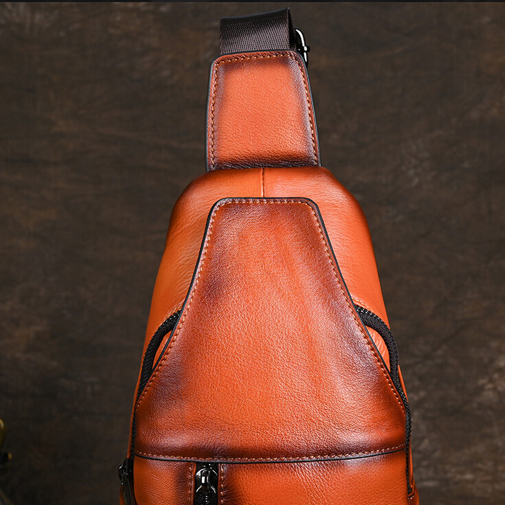 Top Cowhide Leather Sling Backpack, Men‘s Crossbody Chest Bag Causal Daypack