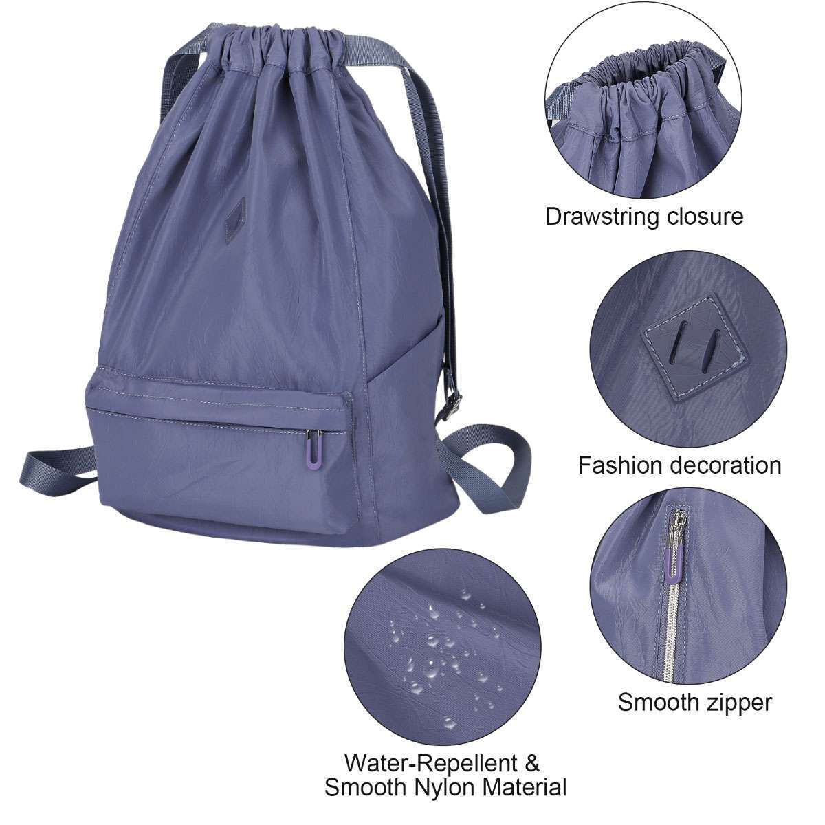 Drawstring Backpack Zipper Side Pocket Sport Gym Waterproof Cinch Sack Pack Bag