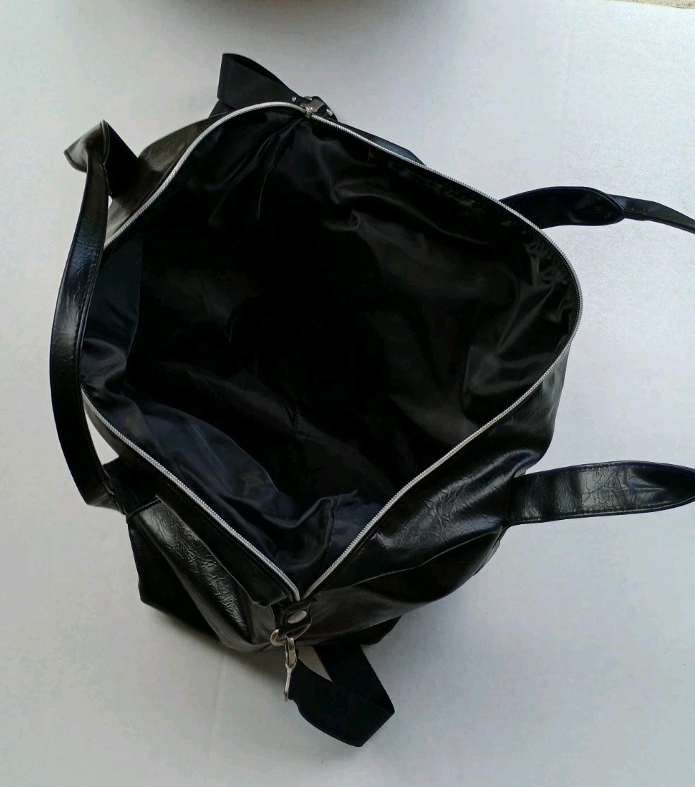 John Varvatos Faux Leather Duffle Large Tote Shoulder Weekend Bag GUC Black