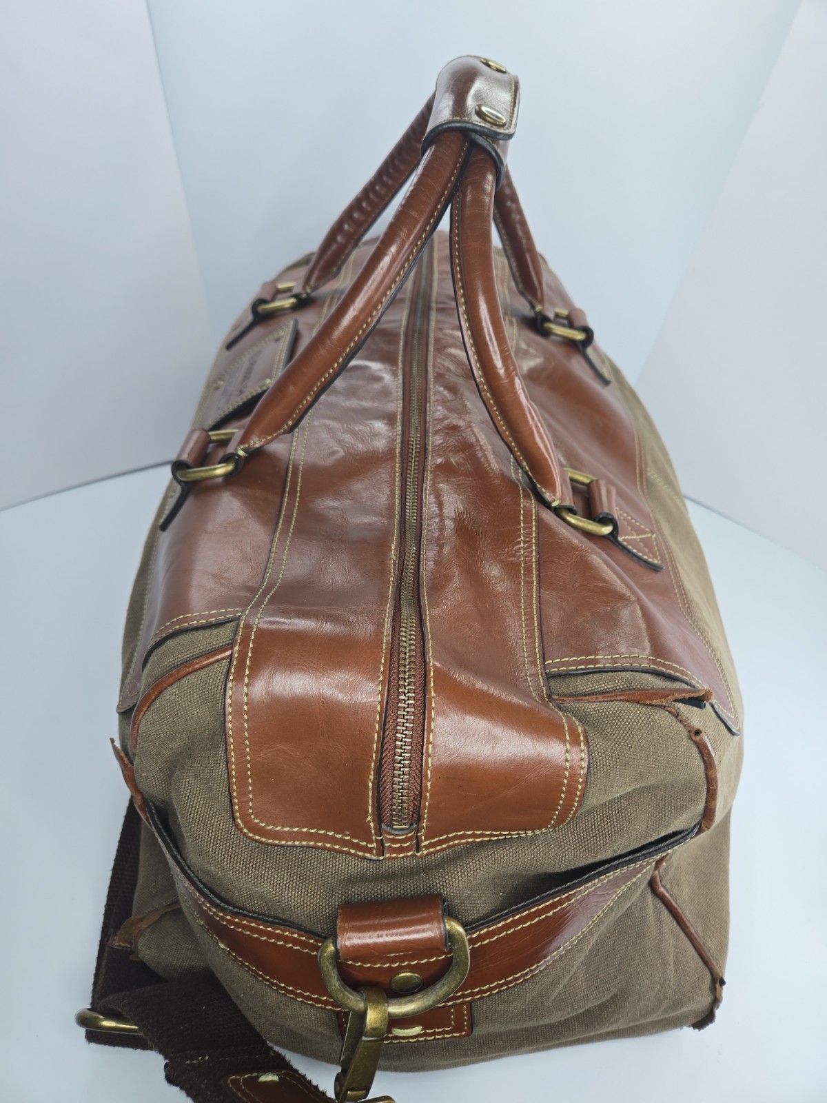 Fossil 54 MBG1121200 Brown Leather Canvas Duffel Weekender Bag READ