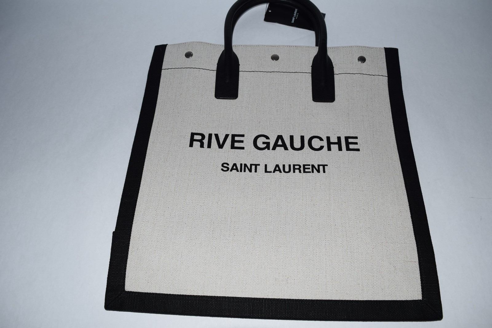 NWT! Authentic YSL Saint Laurent North South Linen Leather Tote Bag Beige Black