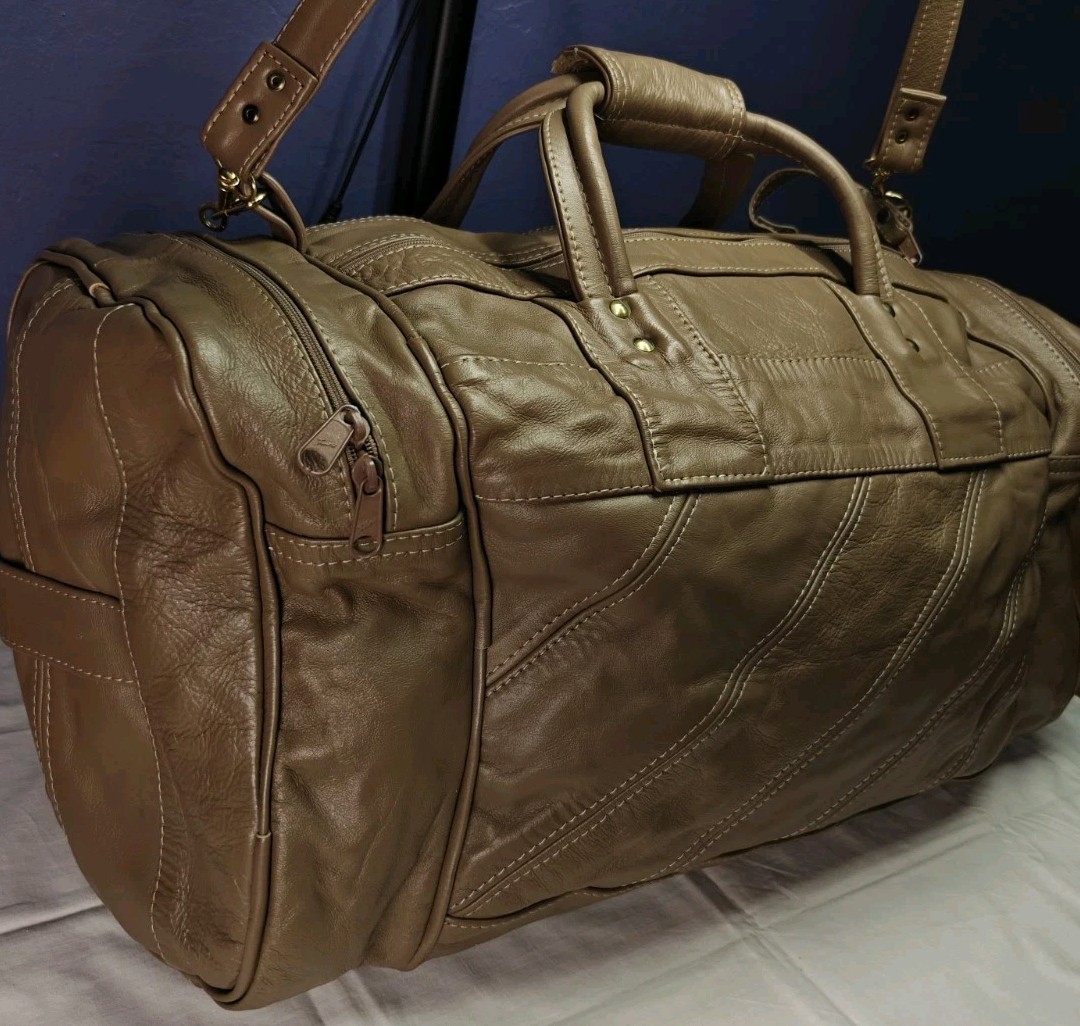 Carroll Top Grain Leather Goods Duffle Carry On Bag Taupe Brown Vintage