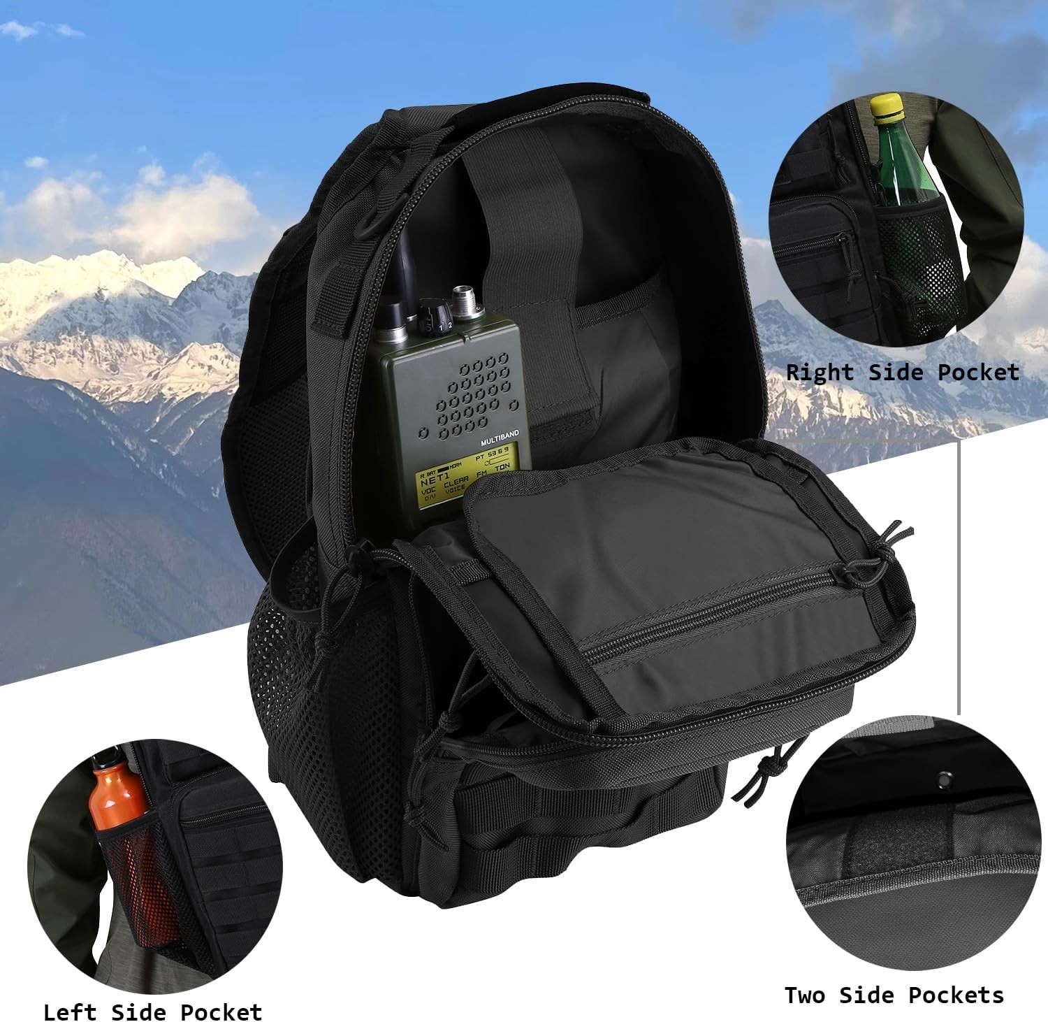 Hannibal Tactical Sling Pack Shoulder Bag Backpack Bottle Holder Black