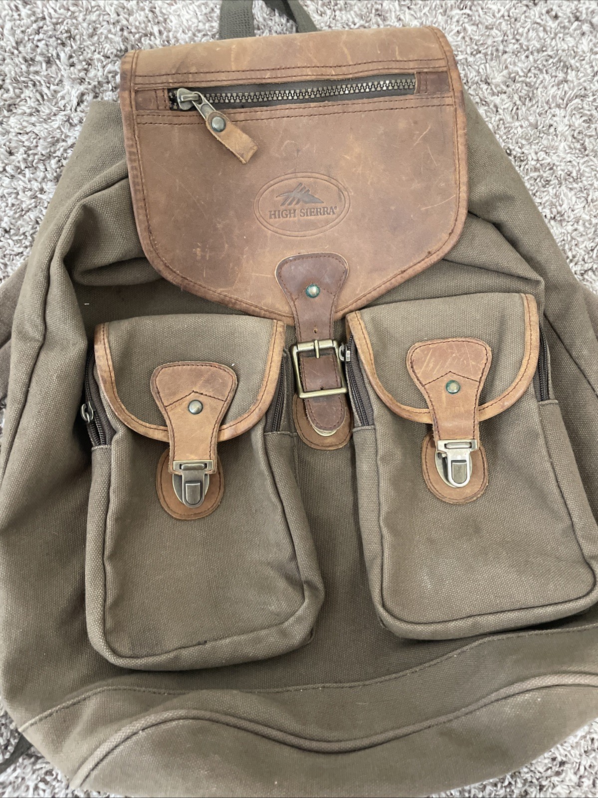 vintage high sierra backpack brown canvas leather rucksack hiking