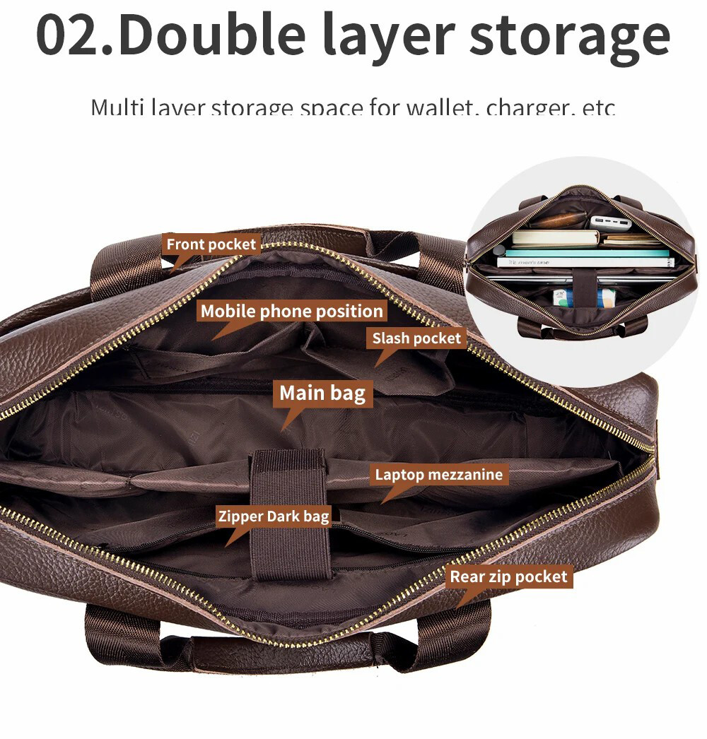 Men’s genuine leather 14 inch notebook bag, men’s office and business handbag