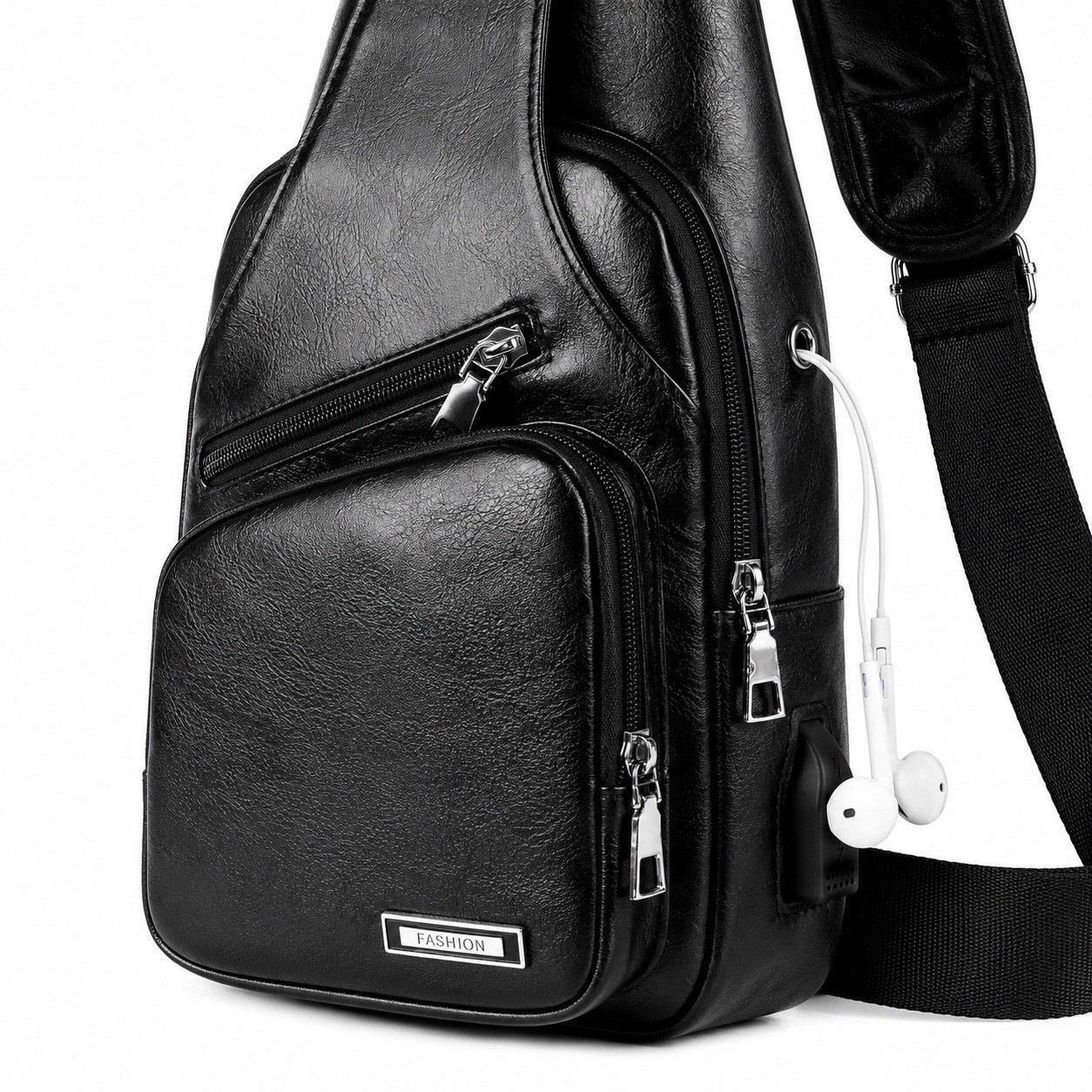 Black Chest Crossbody Bag Sling Backpack for Men with USB Charge Port Hole