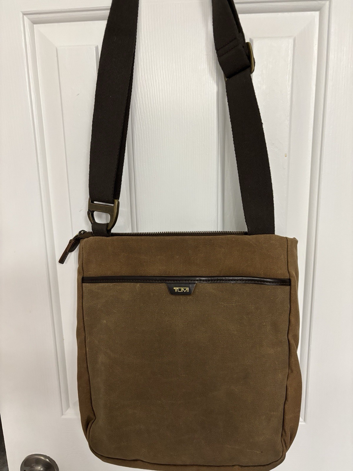T Tech By Tumi Brown Canvas Leather Adjustable Mens Flap Crossbody Messenger Bag