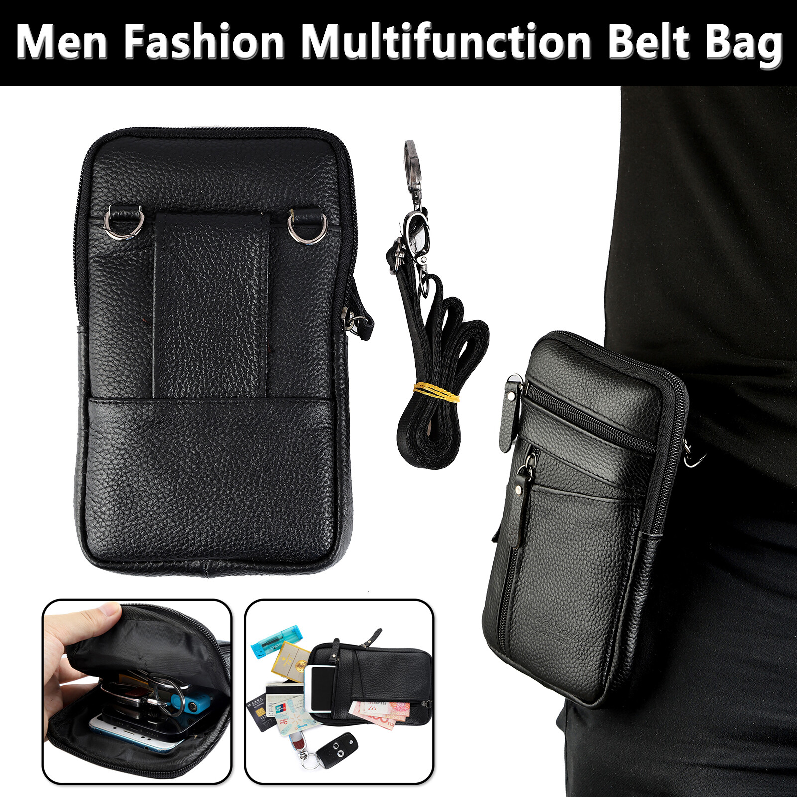 Men Leather Fashion Phone Pouch Belt Bag Shoulder Crossbody Waist Pack Handbag