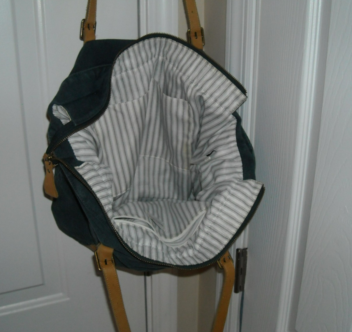 Heart & Hand with Magnolia, Blue Canvas Tote, Leather Straps