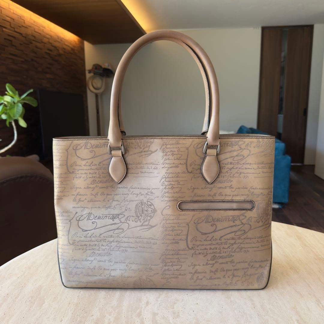 Berluti Toujours Scritto Leather Tote Bag Osso Patina Beige-Gray Men’s