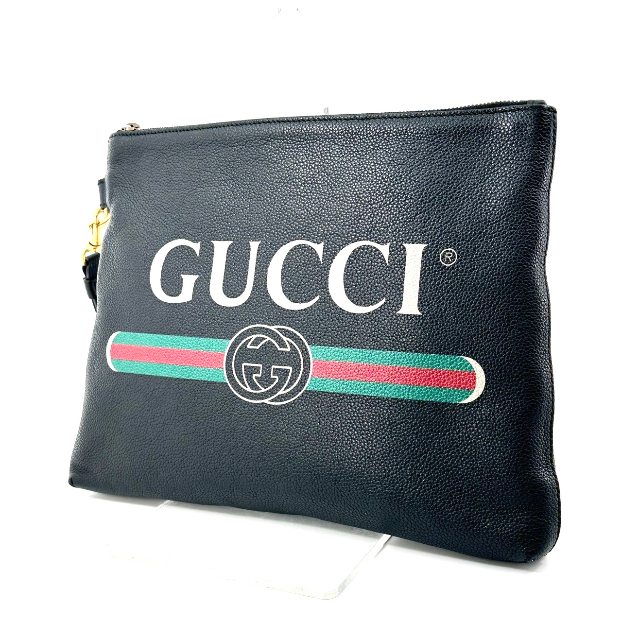 Gucci Logo Print Clutch Bag Second Bag Sherry Line Leather Black Authentic