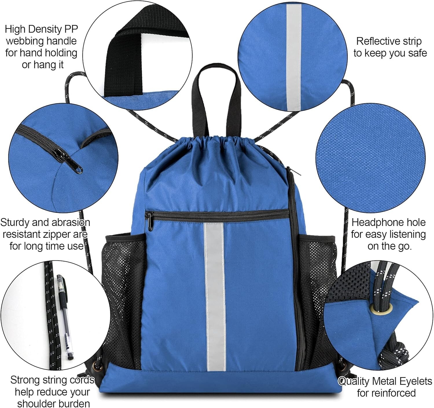 Spacious Drawstring Sports Backpack with Five Pockets & Machine Washable Design