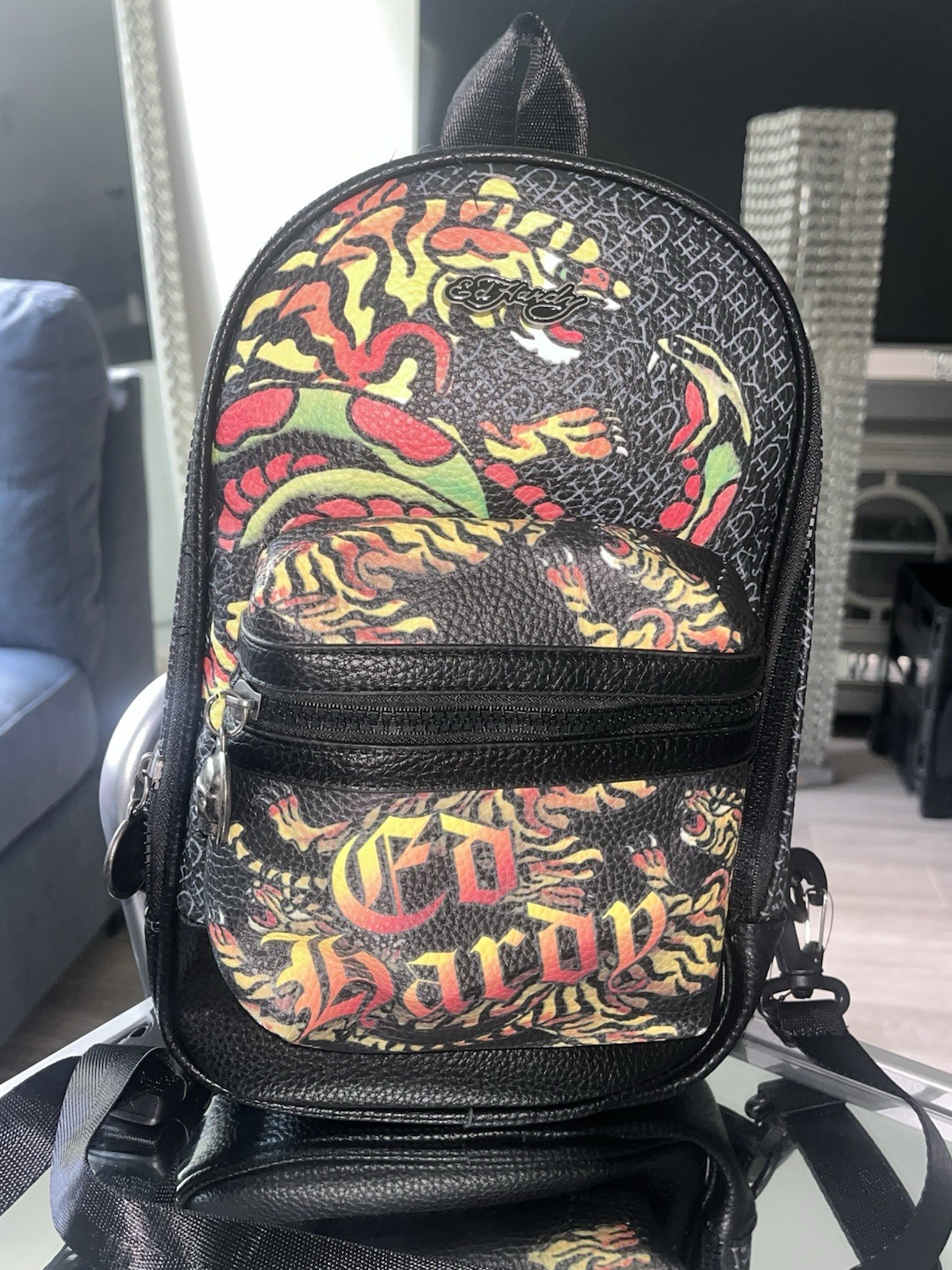Ed Hardy Black Small Mini Backpack Tiger Graphic Zip Men Adjustable Strap