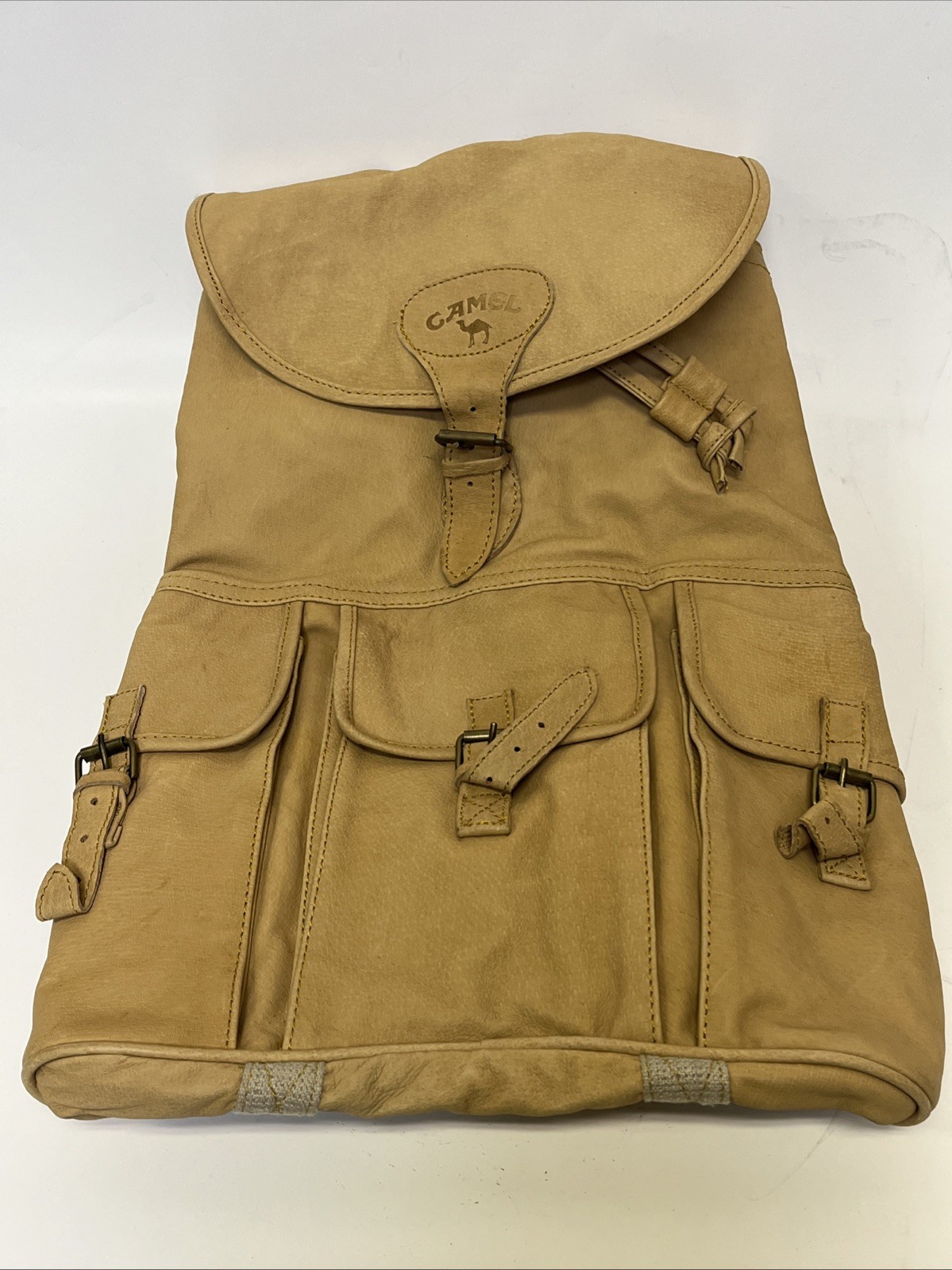 Camel Cigarettes Beige Tan Leather Backpack 16″x16″