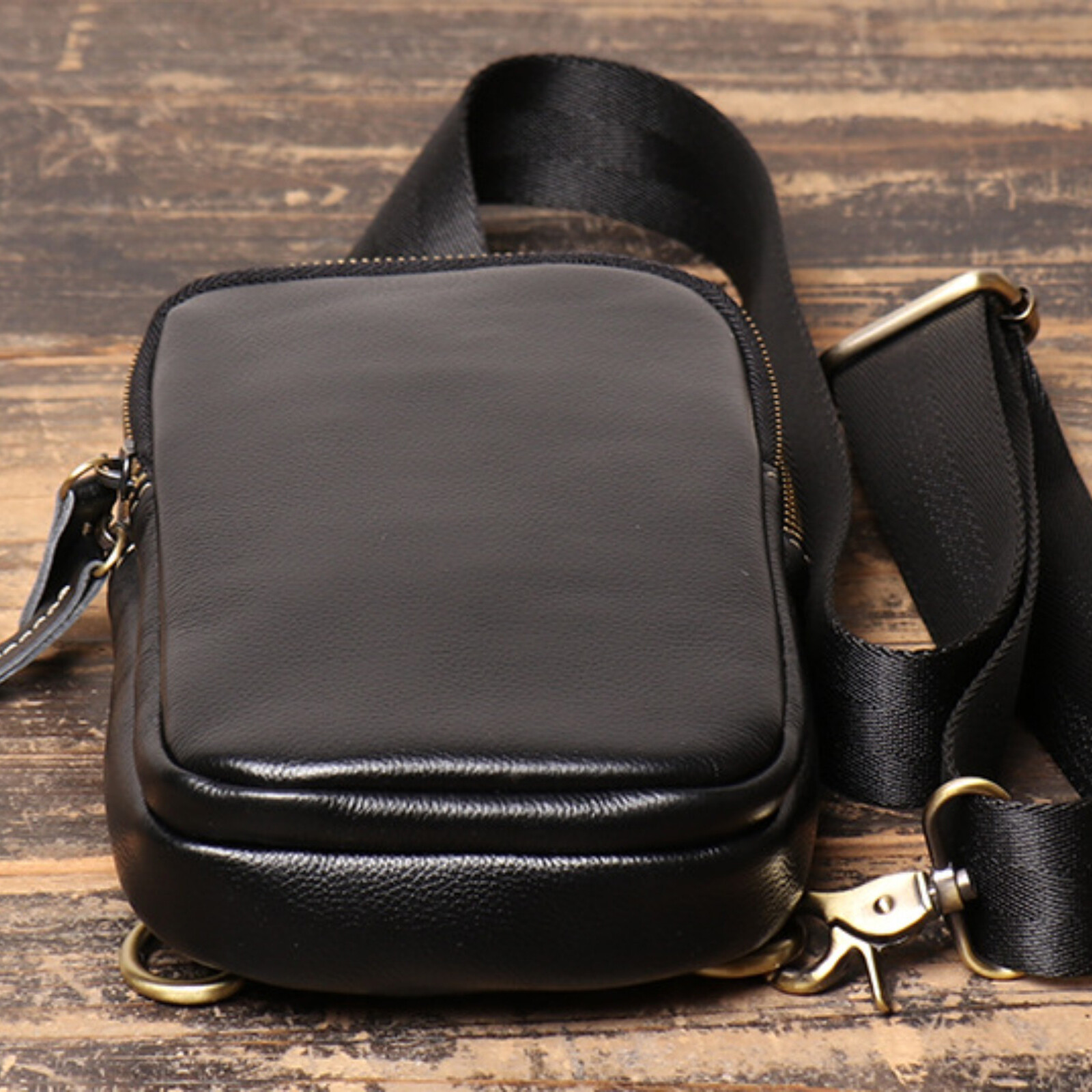 Men Black Leather Sling Bag Crossbody Shoulder Chest Pouch Small Travel Pack