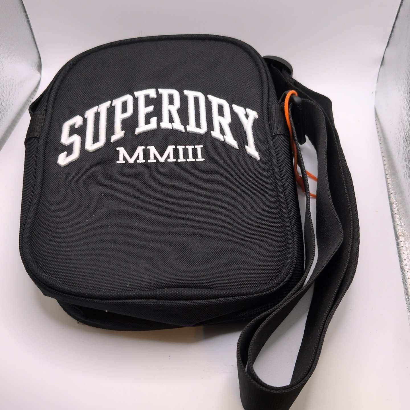 Superdry MMIII Adjustable Shoulder Bag Unisex Festival Sling in Black W/ White